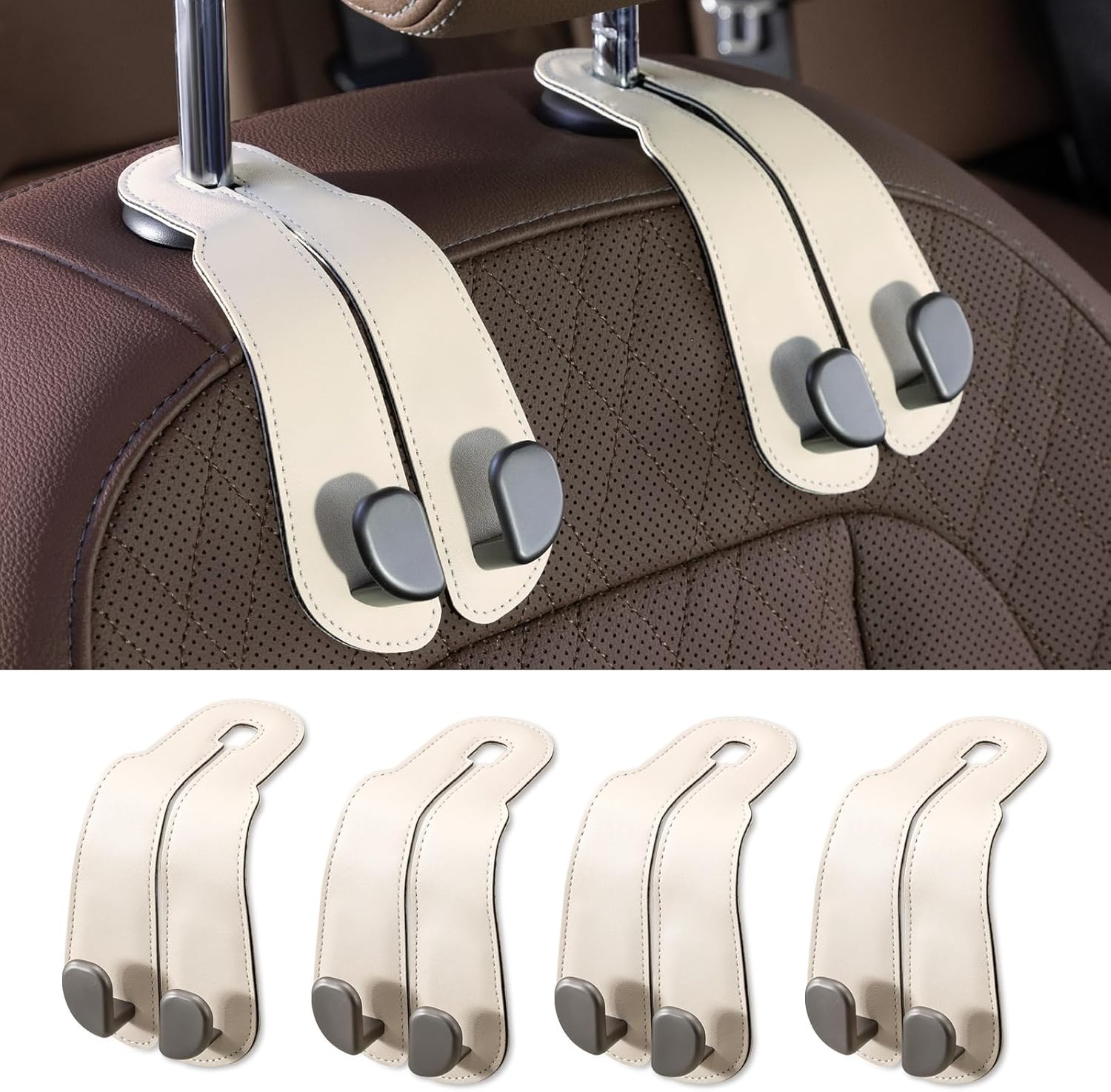 Purse Hook for Car - Universal Premium Stitched Leather and Aluminum-Magnesium Alloy Double Car Seat Back Storage Hook for Purses, Handbags, Bags (2 Pack),Black - Image 1