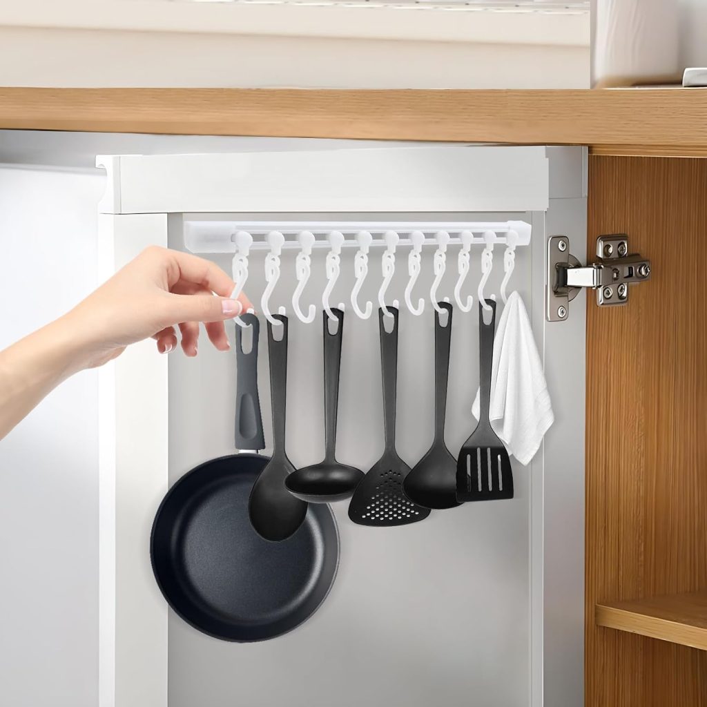 Gourmet Kitchen Rail, Steel Kitchen Utensil Hanging Rail, Wall-Mounted Cookware Organizer with 10 Sliding Hooks, No-Drill Pot Pan Lid Holder for Kitchens & Bathroom Storage, Plastic, White (2pcs)