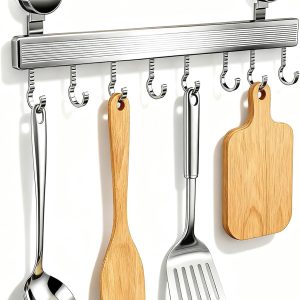 Rack, 40cm Kitchen Hanging Rail with Suction Cup Mount, No Drilling Installation, 8 Removable Hooks, Sturdy Holder for Spoons, Mugs, Towels and - Image 1