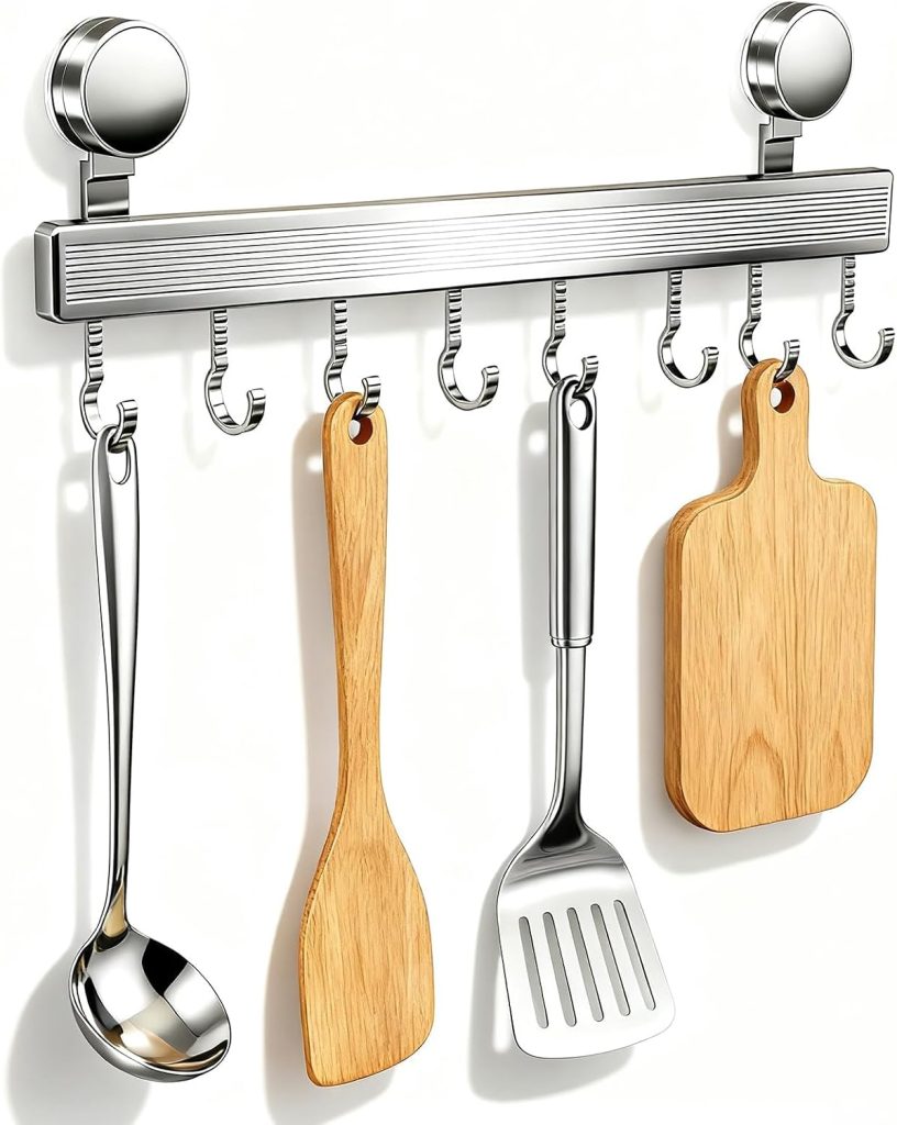 Rack, 40cm Kitchen Hanging Rail with Suction Cup Mount, No Drilling Installation, 8 Removable Hooks, Sturdy Holder for Spoons, Mugs, Towels and