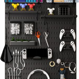 Black Modern Pegboard Kit, 33" 22", Gaming Organizer, Wall Game Controller Holder, Headset Stand