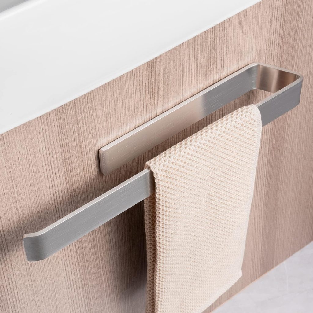 40cm Open-Ended Self-Adhesive Towel Holder, No Drill Wall Mounted Towel Hanger with Extra Strong Hold, Horizontal or Vertical Mounting, Sliver Aluminum Towel Rail for Bathroom and Kitchen