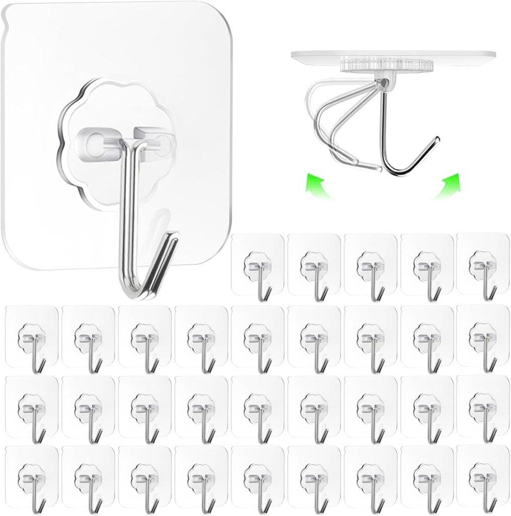 Adhesive Wall Hooks for Hanging, 16 Pack Self Sticky Hooks Heavy Duty 22lb Clear, Removable Shower Hook No Damage for Towel Key Coat Wreath Picture Outdoor Ceiling Bathroom Kitchen, Waterproof