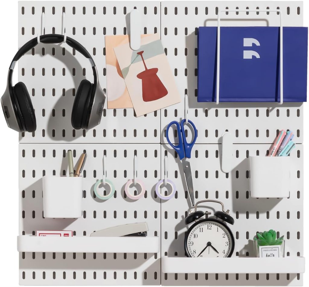 Peg Board Combination Kit, Modular Pegboard Wall Organizer with 4 Pegboards and 14 Accessories, Ideal for Crafts Storage, Ornament Display, Nursery, Office, and Gaming Setup, White, 22" 22"