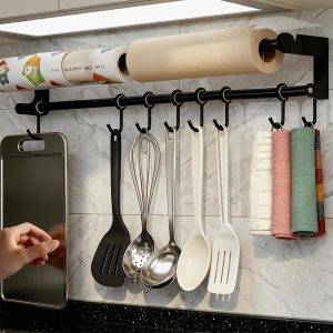 Kitchen Rail 60 cm with 8 Hooks, Black Kitchen Rail, Hook Rack for Kitchen Utensils, Wall Holder, with Enclosed Assembly Instructions - Image 2