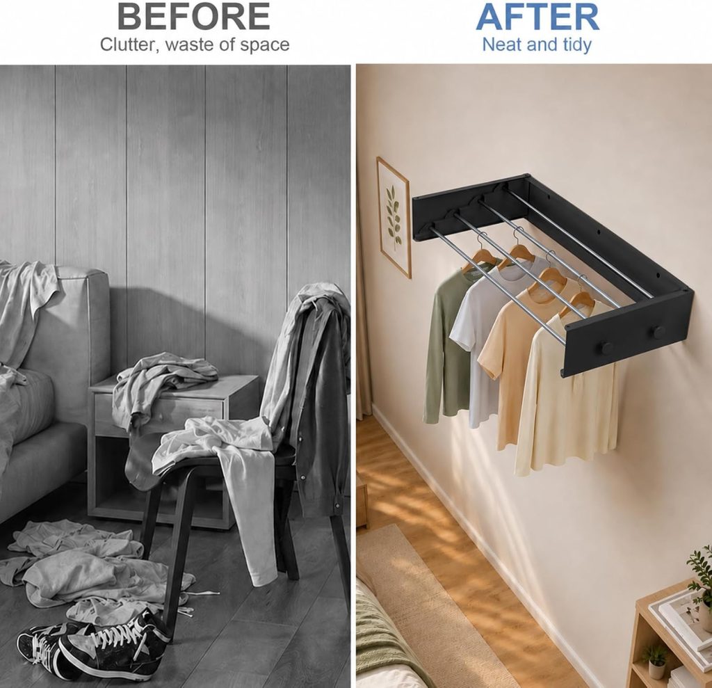 Black Wall-Mounted Foldable Clothes Drying Rack with Hooks