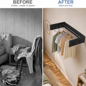 Black Wall-Mounted Foldable Clothes Drying Rack with Hooks - Image 4