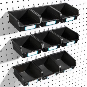Pegboard Bins with Hooks and Labels, for Organizing Accessories, 10 Packs, Black - Image 1