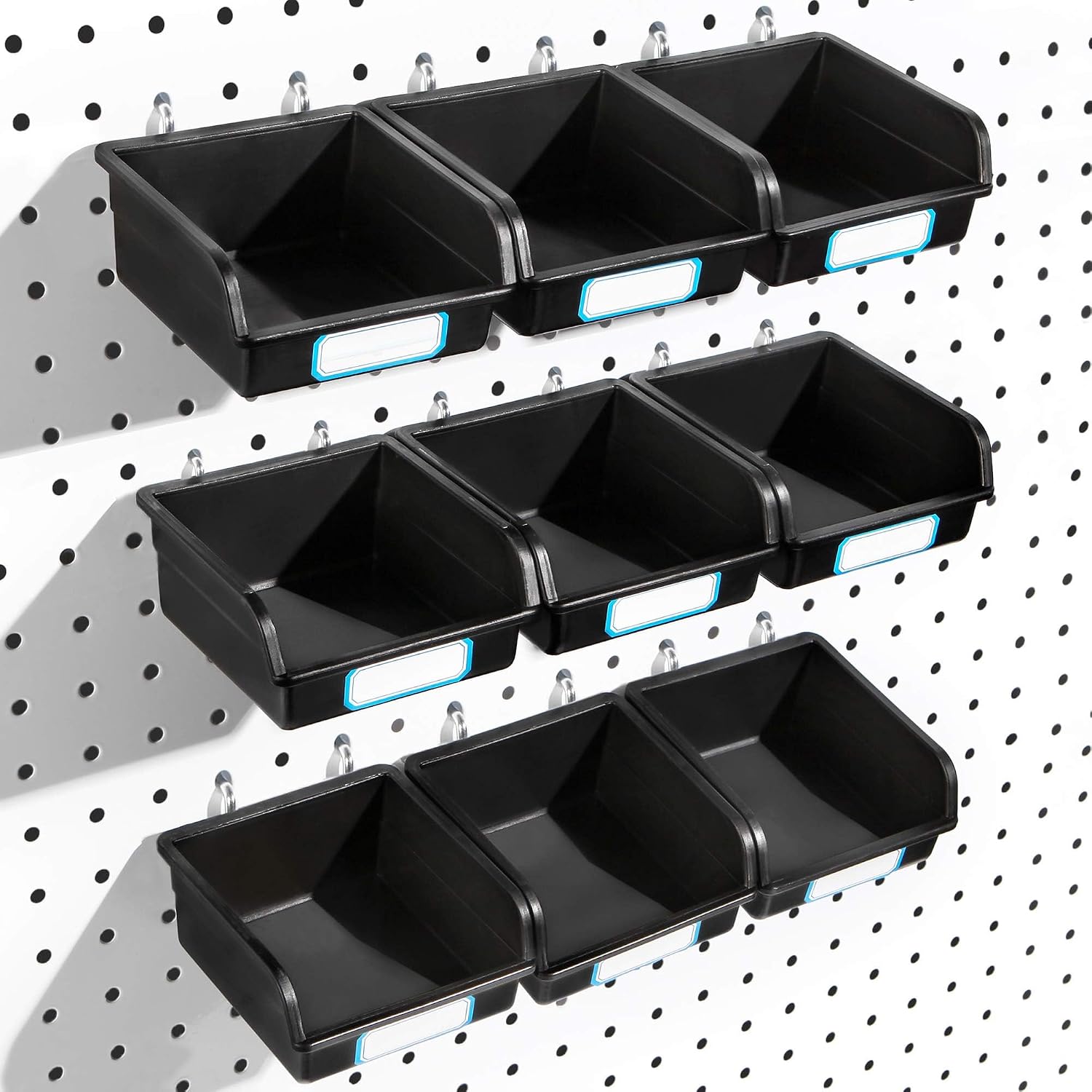 Pegboard Bins with Hooks and Labels, for Organizing Accessories, 10 Packs, Black - Image 1