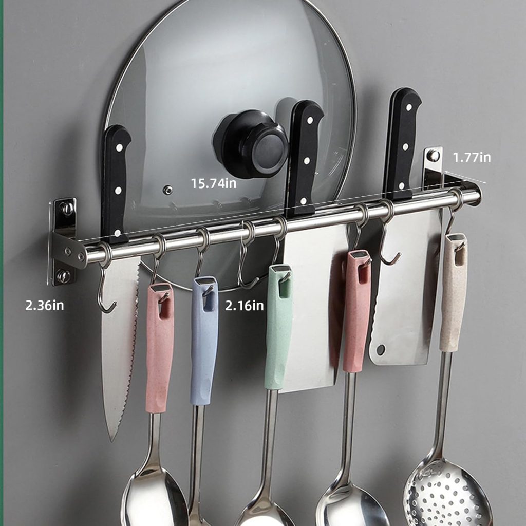 Rack Stainless Steel Rail Hanger Rod Wall Mounted Pot Pan Lid Holder Cookware Storage Organizer with Sliding Hooks for Kitchen Bathroom