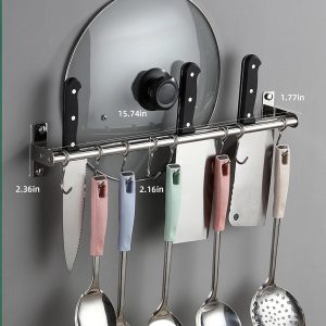 Rack Stainless Steel Rail Hanger Rod Wall Mounted Pot Pan Lid Holder Cookware Storage Organizer with Sliding Hooks for Kitchen Bathroom - Image 4