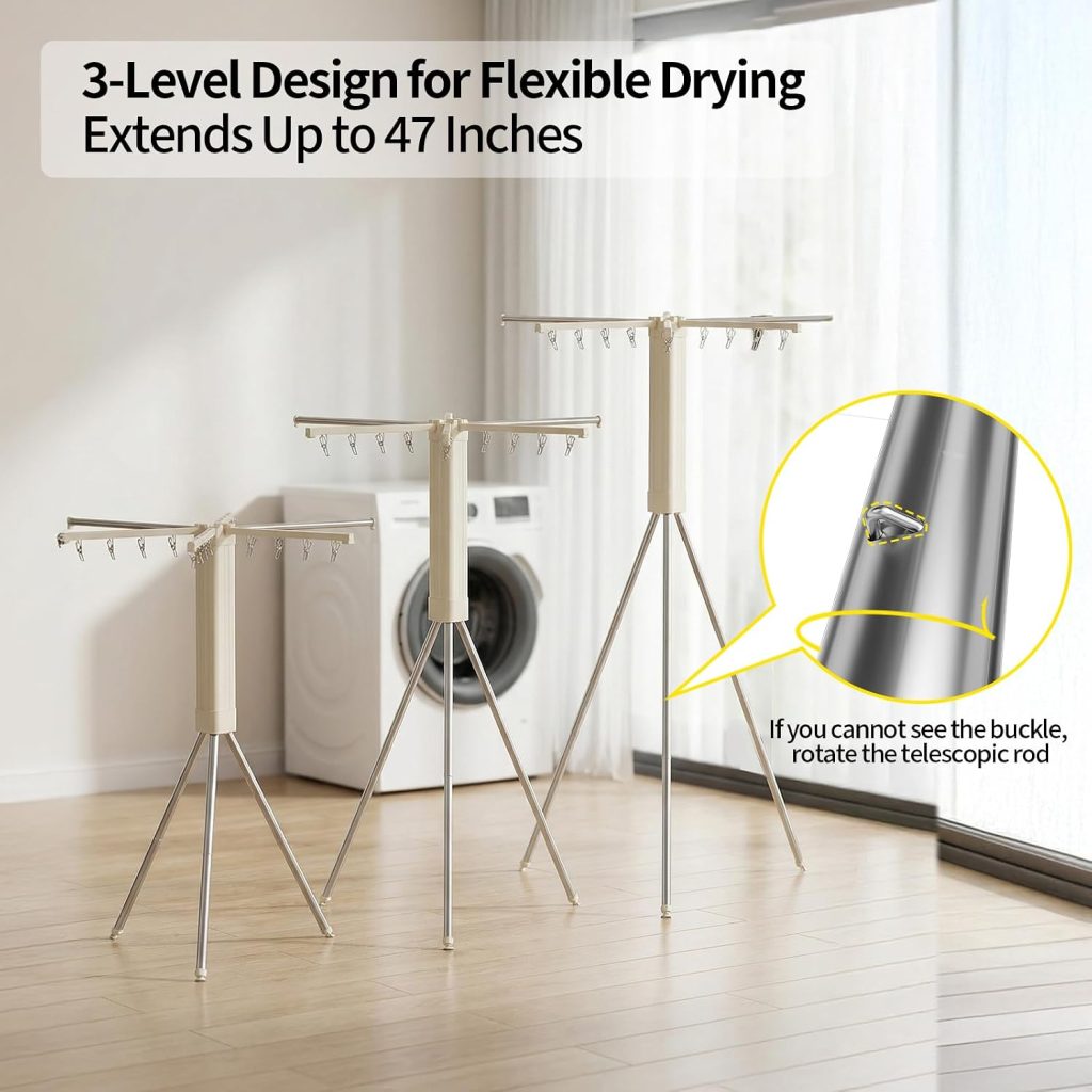 Three-Level Portable Tripod Clothes Drying Rack with Clips