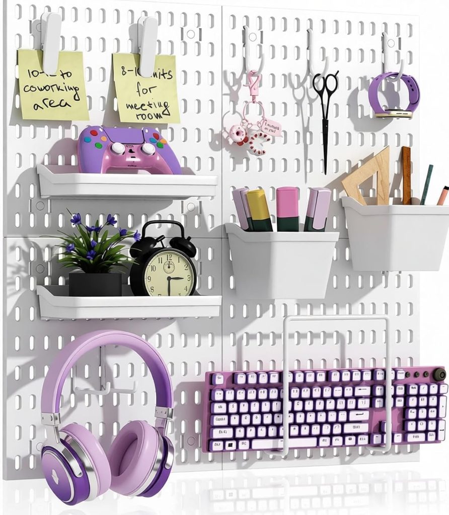 Peg Board Wall Organizer 4-Pack 12"x12" White Pegboard Combination Kit with 13 Accessories for Wall, Plastic Peg Board Panels for Home, Office, Garage Tool Storage & Craft Room