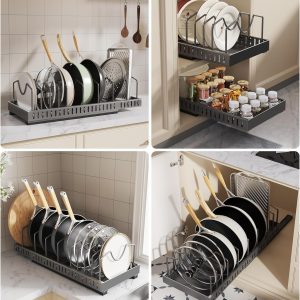 Pots and Pans Organizer, Cast Iron Pull Out Cabinet Organizer Cookware Lid Organizer Rack Kitchen Drawer Organiser with 10 Adjustable Dividers inside Cabinet for Pots (Black, 52CM, 1) - Image 2