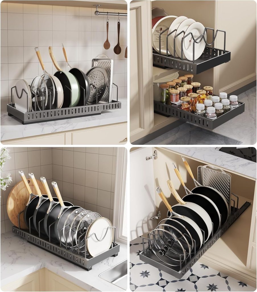 Pots and Pans Organizer, Cast Iron Pull Out Cabinet Organizer Cookware Lid Organizer Rack Kitchen Drawer Organiser with 10 Adjustable Dividers inside Cabinet for Pots (Black, 52CM, 1)