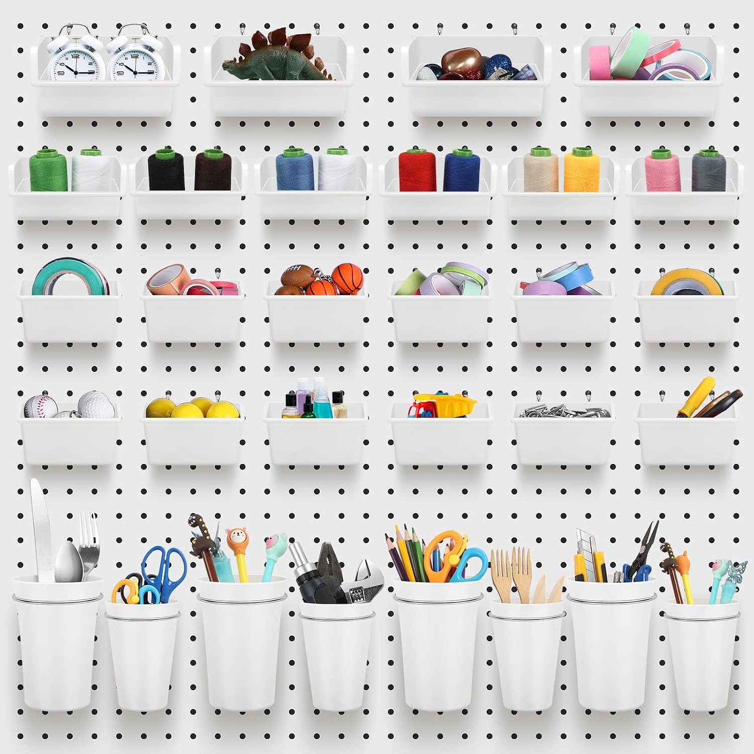 60 Pcs Pegboard Cups Bins Set, Wall Organizer with Hooks and Loops, Peg Assortment Accessory for Office Storage Garage Craft Workshop (White) - Image 1