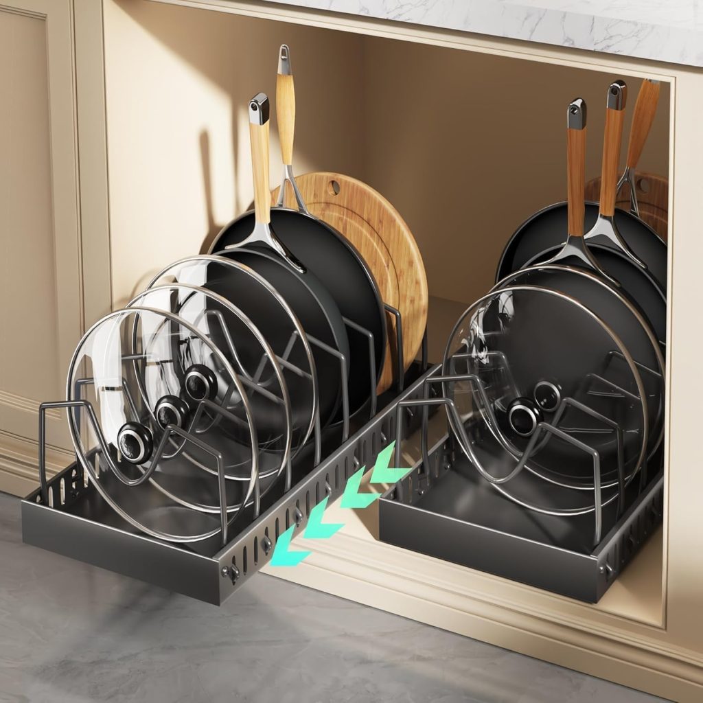 Pots and Pans Organizer Under Cabinet, Sliding Pot Lid Holder and Pan Rack in Kitchen, Pull Out Cabinet Organizer for Pot Lid, Bakeware, Dishes