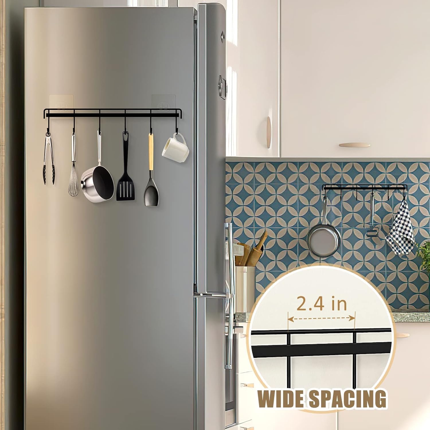 Kitchen Utensil Hanger, Adhesive Utensil Holder Wall Mount Kitchen Rack Rail with 12 Hooks, Space Saving and No Drilling, Black, 2 Pcs - Image 2