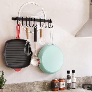 Rack with 10 Hooks - 17 Inch Black Farmhouse Kitchen Rail, Hanging Organizer for Pots, Pans, Utensils, Mugs & Towels, Sturdy Rustic Wall Mount Rod - Image 4