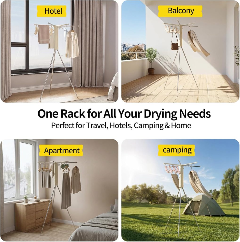 Three-Level Portable Tripod Clothes Drying Rack with Clips
