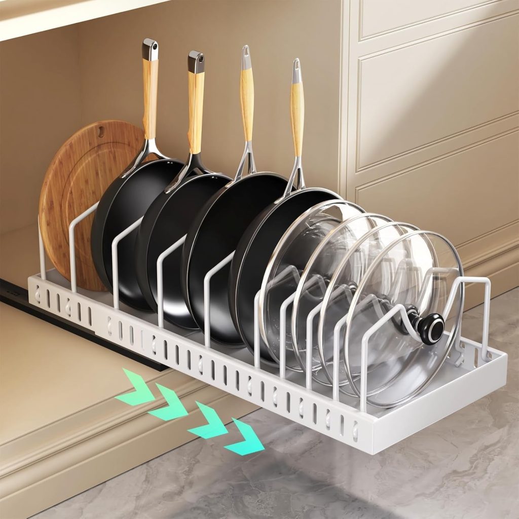 Pots and Pans Organizer, Cast Iron Pull Out Cabinet Organizer Cookware Lid Organizer Rack Kitchen Drawer Organiser with 10 Adjustable Dividers inside Cabinet for Pots (Black, 52CM, 1)