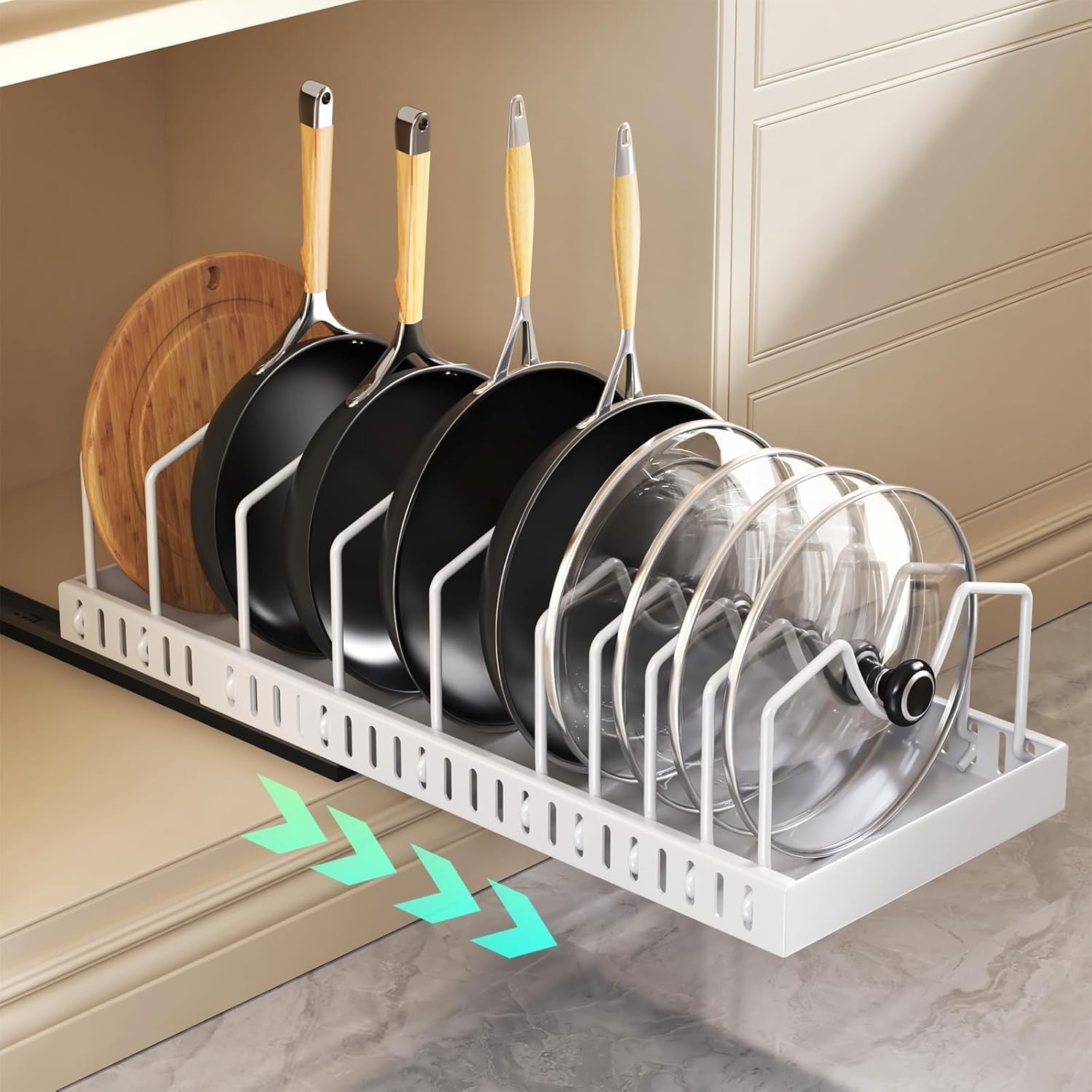 Pots and Pans Organizer, Cast Iron Pull Out Cabinet Organizer Cookware Lid Organizer Rack Kitchen Drawer Organiser with 10 Adjustable Dividers inside Cabinet for Pots (Black, 52CM, 1) - Image 4