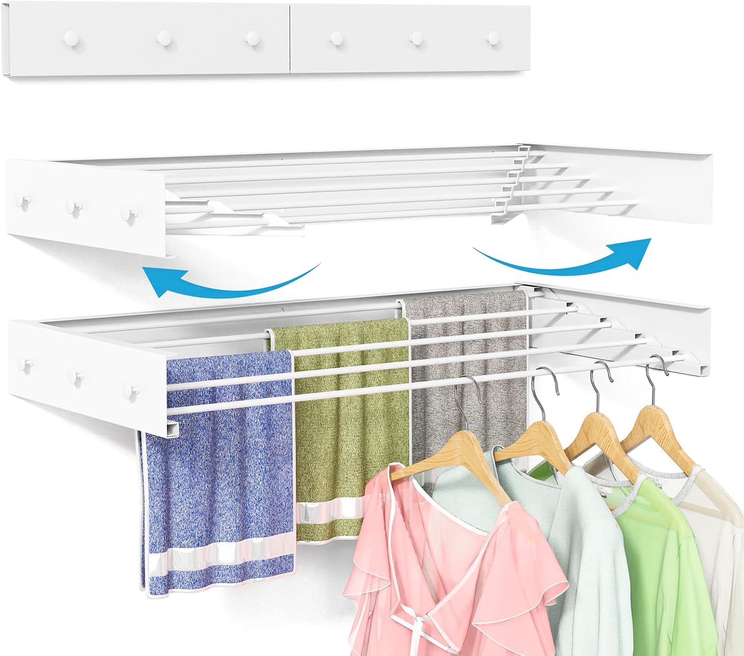 White Wall-Mounted Hidden Clothes Drying Rack, 32 in - Image 1