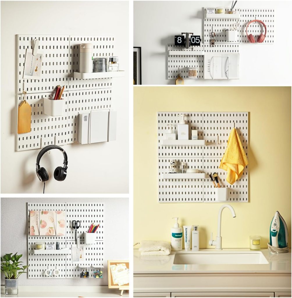 Peg Board Combination Kit, Modular Pegboard Wall Organizer with 4 Pegboards and 14 Accessories, Ideal for Crafts Storage, Ornament Display, Nursery, Office, and Gaming Setup, White, 22" 22"
