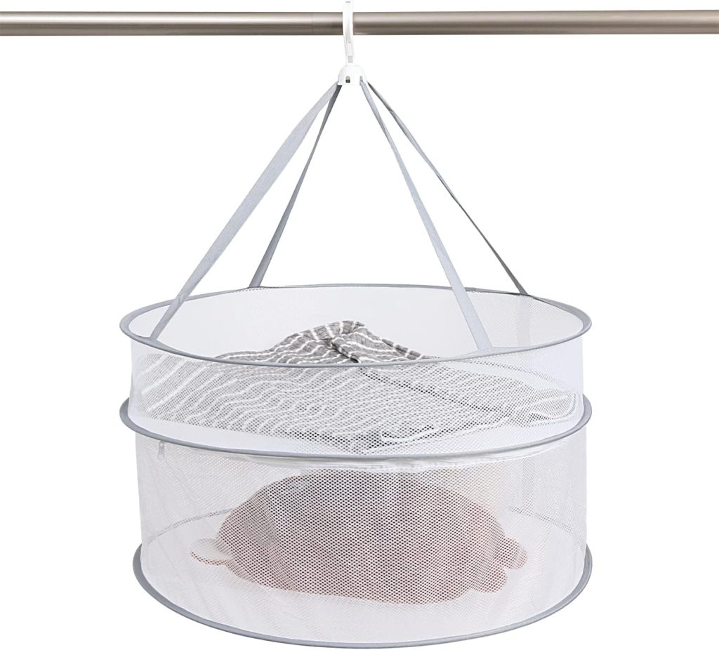 Two-Tier Gray Hanging Mesh Laundry Drying Net with Bottom Zipper
