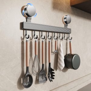 Kitchen Hook Rack, 40 cm Stainless Steel 8 Adjustable Hooks, Cooking Hanging Rack, No Drilling Suction Cup Wall Mount, Removable Rustproof Utensil Holder for Pots Pans and Towels - Image 1