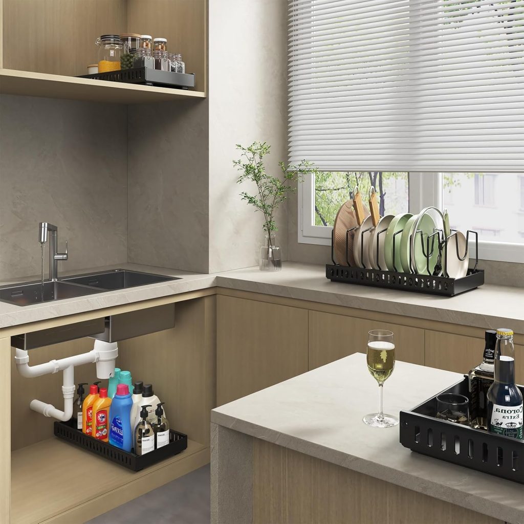Pots and Pans Organizer Under Cabinet, Sliding Pot Lid Holder and Pan Rack in Kitchen, Pull Out Cabinet Organizer for Pot Lid, Bakeware, Dishes