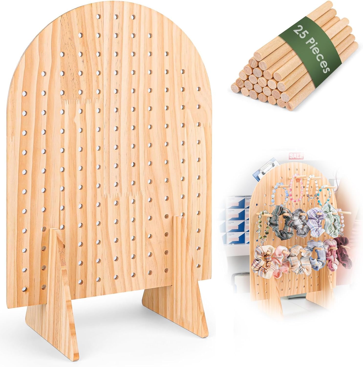 Oval Pegboard Display Stand with 25 Wood Dowel Rods Jewelry, Keychain, Necklace Organizer for Craft Shows, Vendor Events, and Selling Displays - Image 1