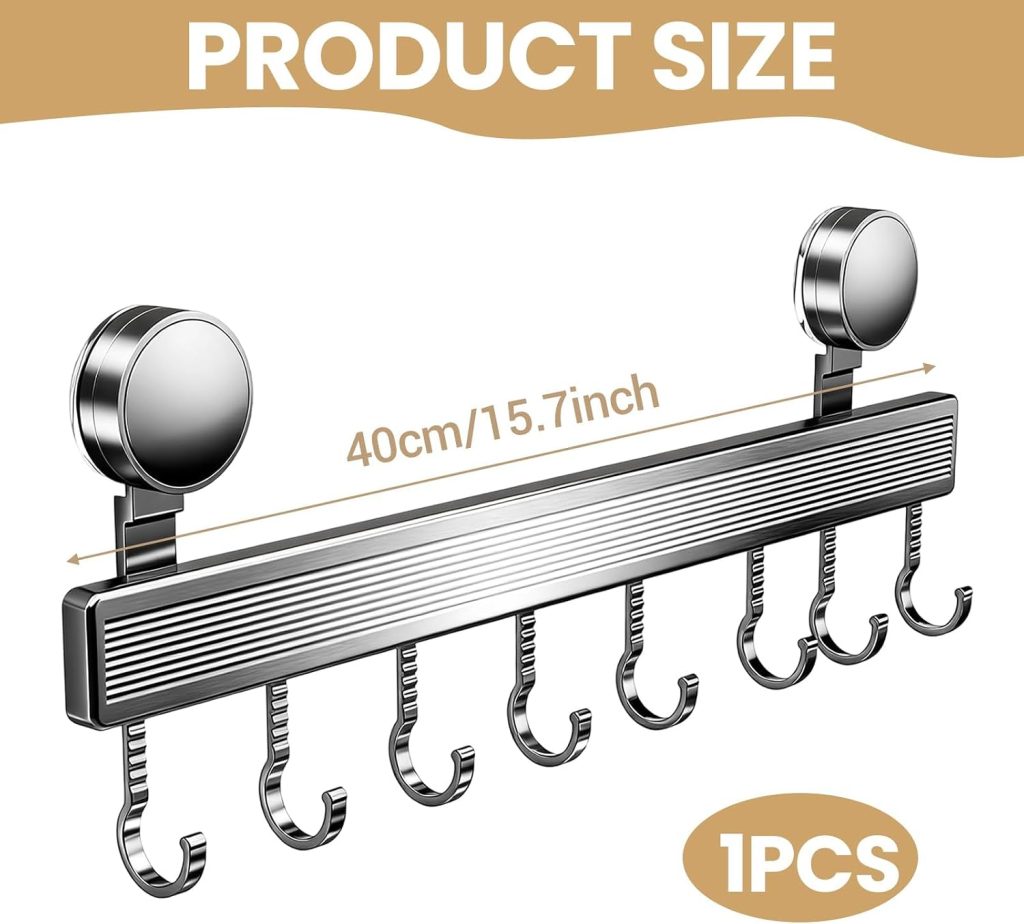 Rack, 40cm Kitchen Hanging Rail with Suction Cup Mount, No Drilling Installation, 8 Removable Hooks, Sturdy Holder for Spoons, Mugs, Towels and