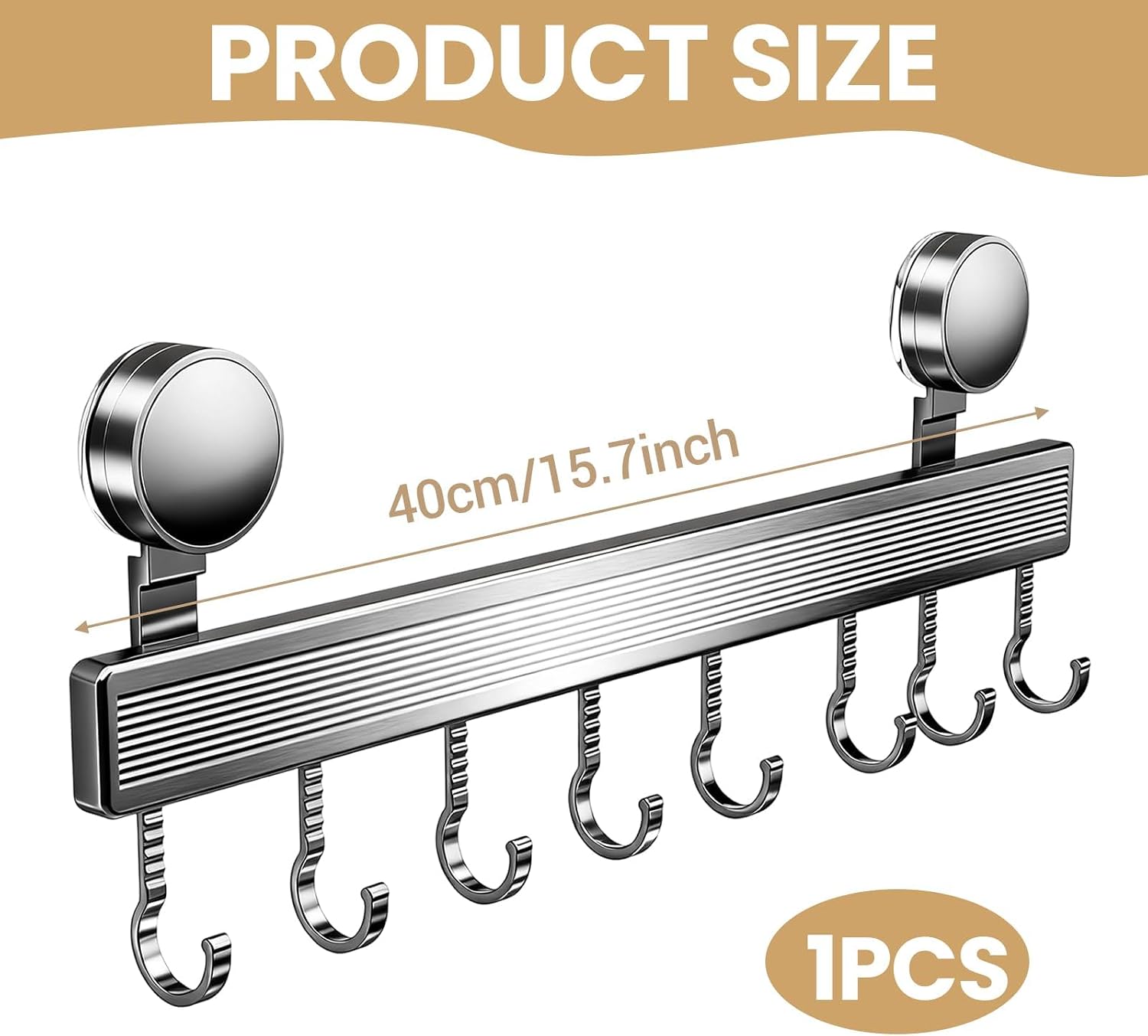 Rack, 40cm Kitchen Hanging Rail with Suction Cup Mount, No Drilling Installation, 8 Removable Hooks, Sturdy Holder for Spoons, Mugs, Towels and - Image 2
