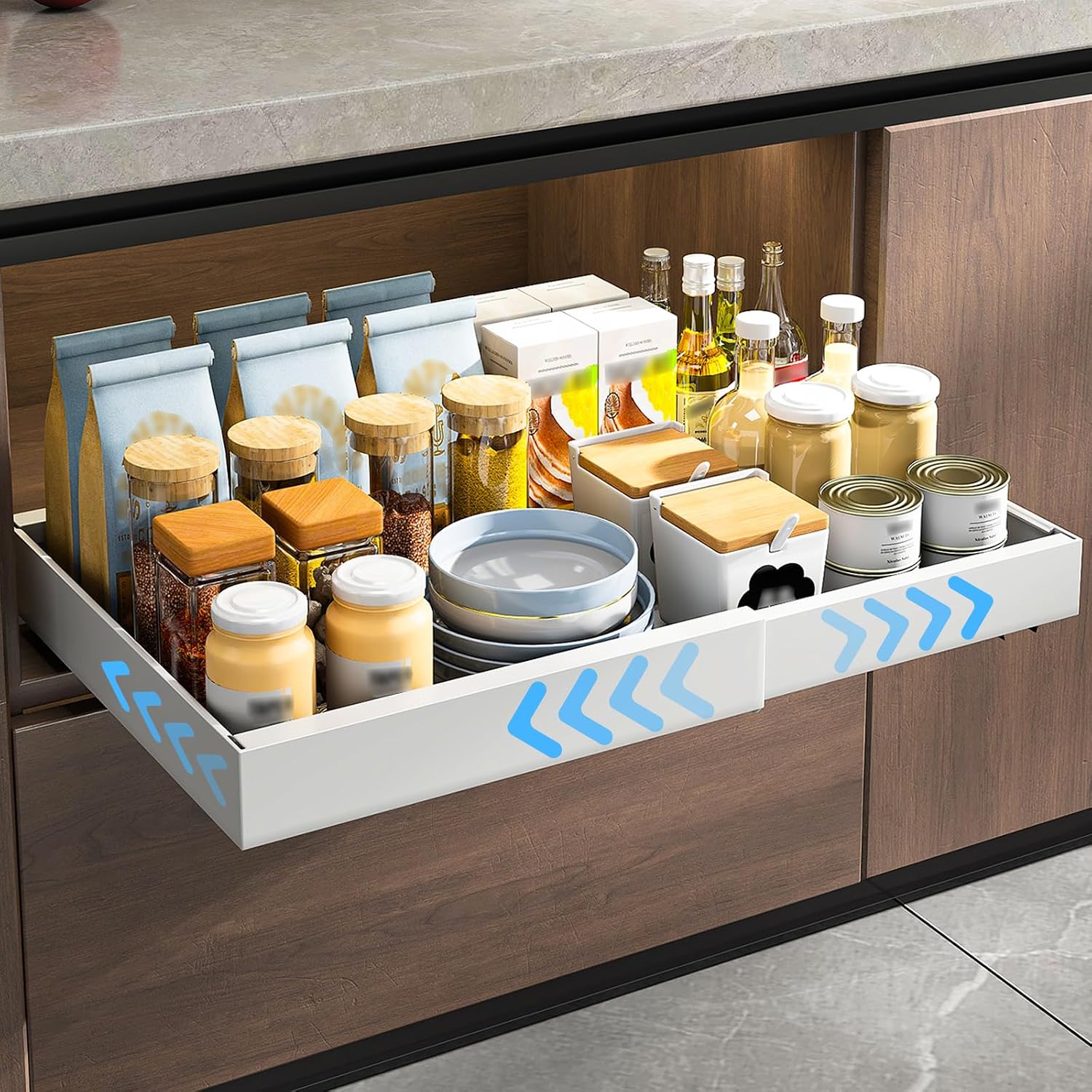Pull Out Cabinet Organizer, Expandable Heavy Duty Slide Out Drawer Organizer, Roll out Shelf Storage for Kitchen Base Cabinet Organization - Image 1