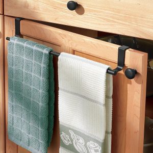 2 Pack Over the Door Towel Rail, Black Kitchen Towel Holder With Protective Pads, Stainless Steel No Drilling, Rustproof for Cabinet Door - Image 2