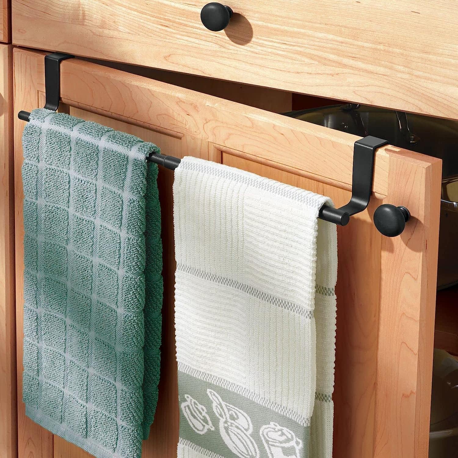 2 Pack Over the Door Towel Rail, Black Kitchen Towel Holder With Protective Pads, Stainless Steel No Drilling, Rustproof for Cabinet Door - Image 2