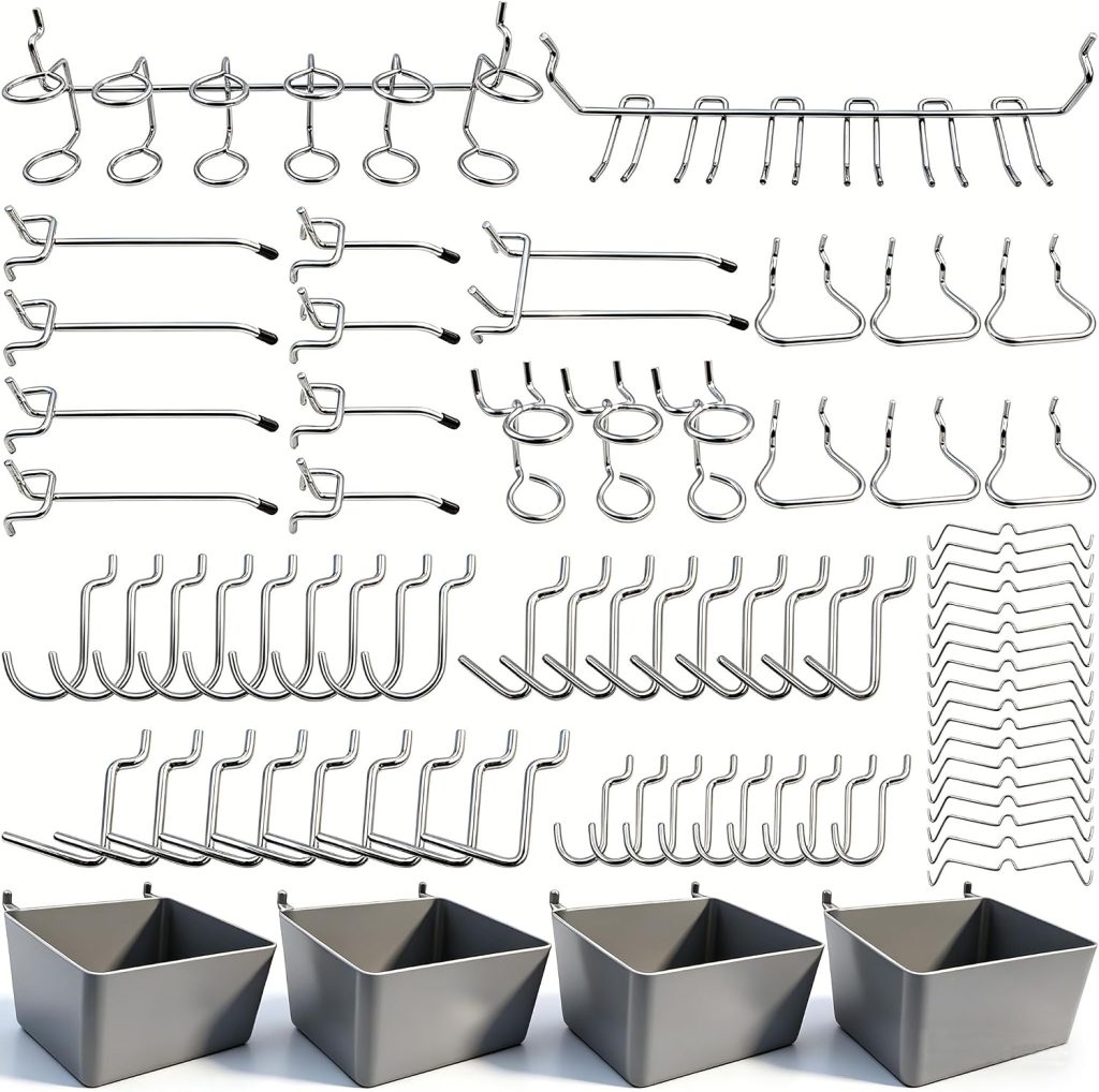 Pegboard Hooks Assortment with Pegboard Bins, Peg Locks, for Organizing Various Tools, 80 Piece