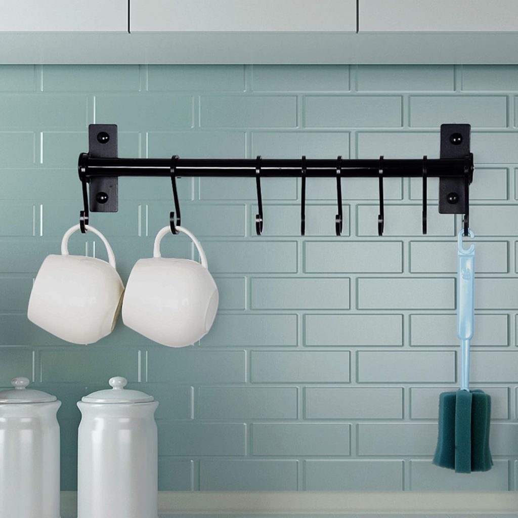 Rack - Pots and Pans Hanging Rack Rail with 8 Hooks, Pot Hangers for Kitchen, Wall Mounted, Black