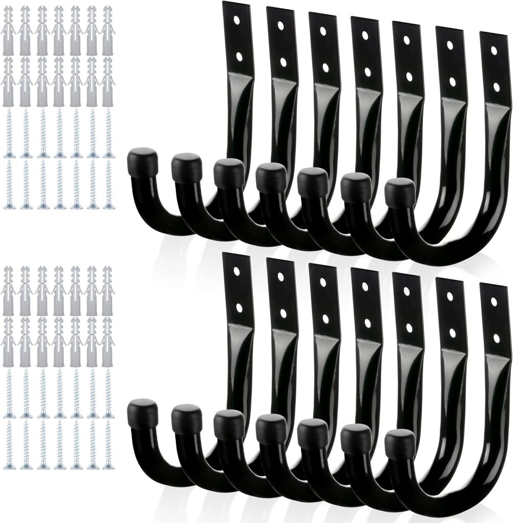Metal Wall Hooks for Hanging Heavy Duty, 6Pcs Garage Organization and Storage Hook for Extension Cord Tool Coat Backpack Bag, Large Utility J Hooks, Black Wall Mount Hanges for Outdoor Indoor