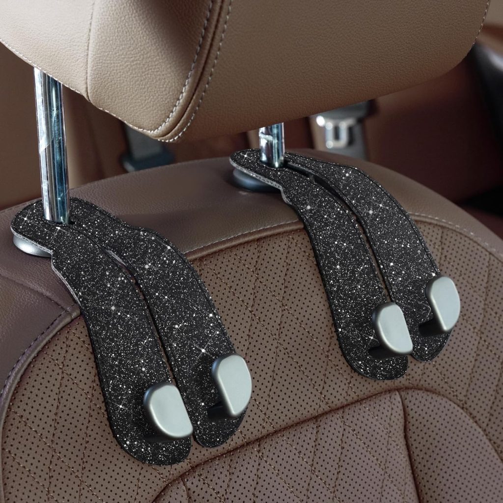 Purse Hook for Car - Universal Premium Stitched Leather and Aluminum-Magnesium Alloy Double Car Seat Back Storage Hook for Purses, Handbags, Bags (2 Pack),Black