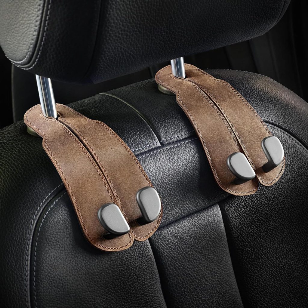 Purse Hook for Car - Universal Premium Stitched Leather and Aluminum-Magnesium Alloy Double Car Seat Back Storage Hook for Purses, Handbags, Bags (2 Pack),Black