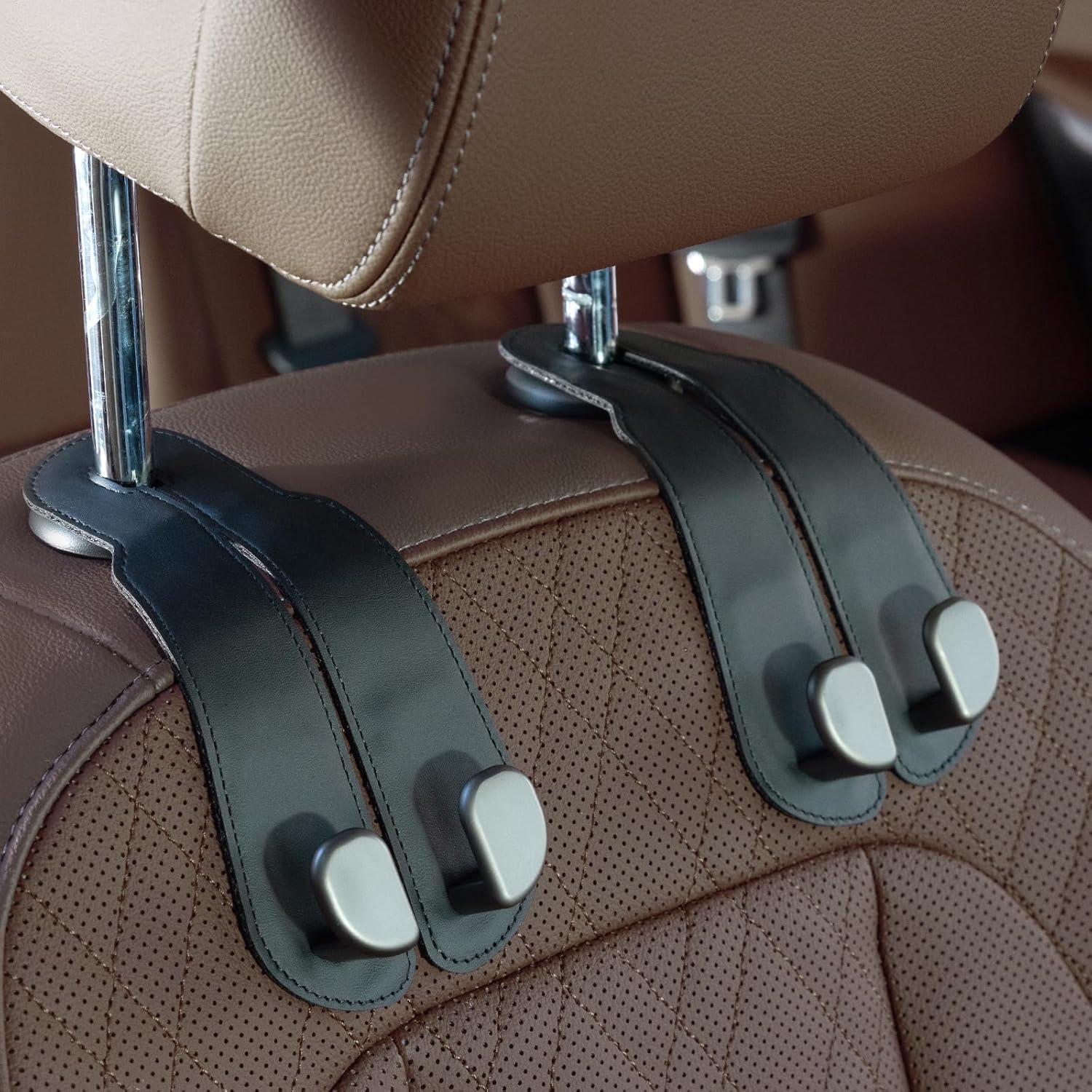 Purse Hook for Car - Universal Premium Stitched Leather and Aluminum-Magnesium Alloy Double Car Seat Back Storage Hook for Purses, Handbags, Bags (2 Pack),Black - Image 7