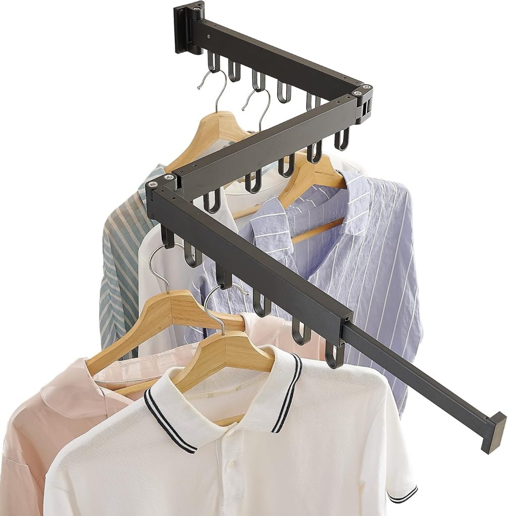 Wall-Mounted Folding Clothes Drying Rack with Swivel Hooks