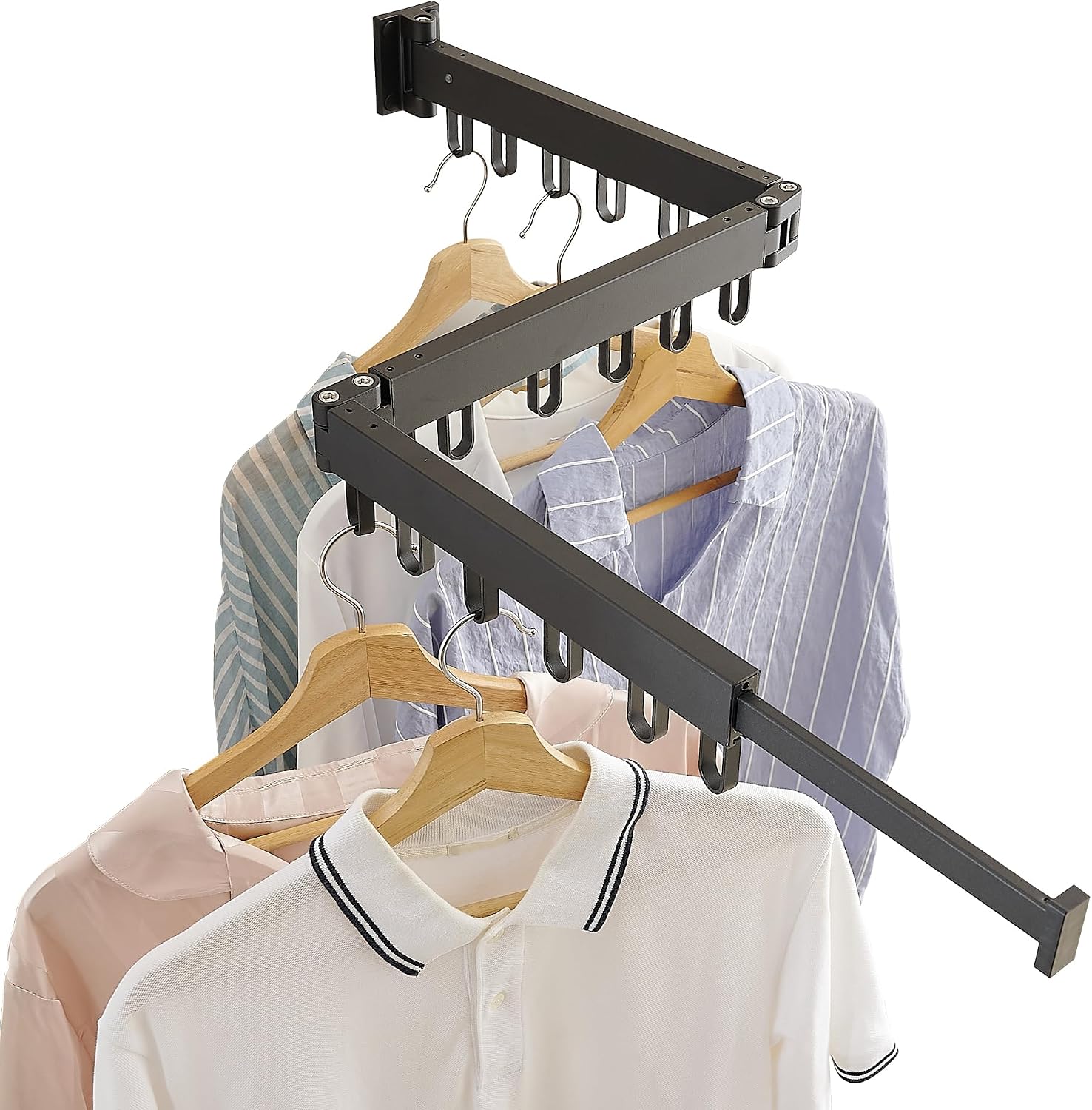 Wall-Mounted Folding Clothes Drying Rack with Swivel Hooks - Image 1