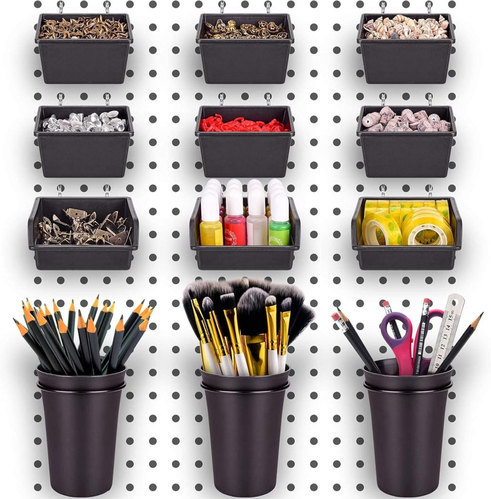 Pegboard Bins PegBoard Cups with Hooks & Loops 12 Pack Set, Peg Hooks Assortment Organizer Accessory, Various Tools Storage Arrange System Kit, for Garage Craft Workshop Workbench Hobby Office
