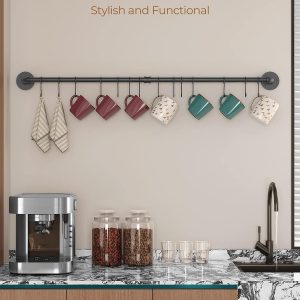 38 inch Pot Bar Rack Wall Mounted Detachable Pans Hanging Rail Kitchen Lids Utensils Hanger with 14 S Hooks Black - Image 2
