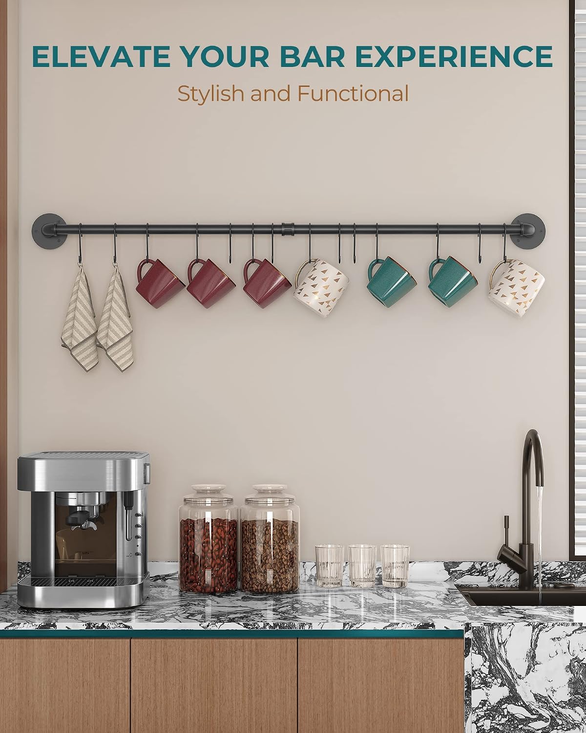 38 inch Pot Bar Rack Wall Mounted Detachable Pans Hanging Rail Kitchen Lids Utensils Hanger with 14 S Hooks Black - Image 2