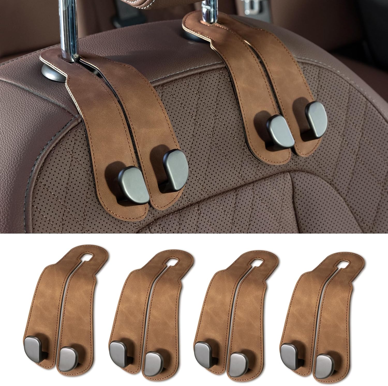 Purse Hook for Car - Universal Premium Stitched Leather and Aluminum-Magnesium Alloy Double Car Seat Back Storage Hook for Purses, Handbags, Bags (2 Pack),Black - Image 8