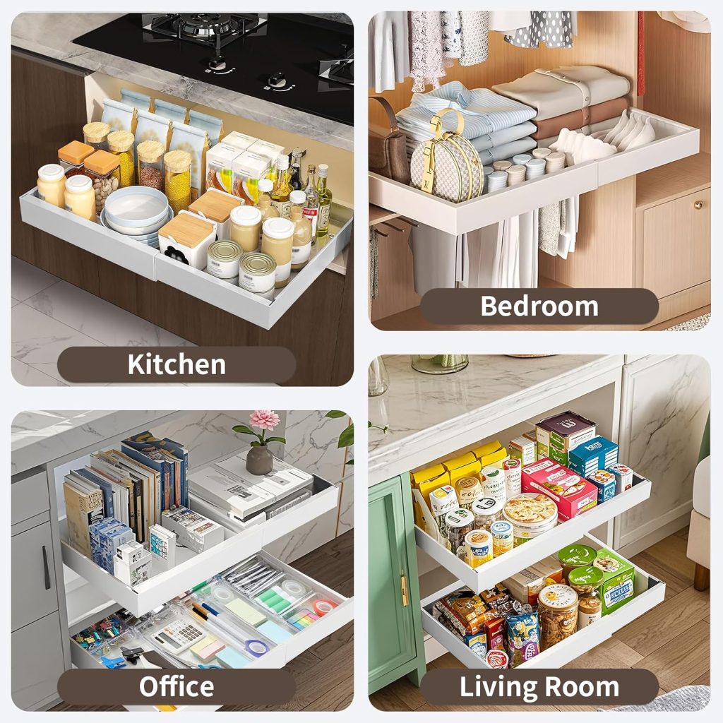 Pull Out Cabinet Organizer, Expandable Heavy Duty Slide Out Drawer Organizer, Roll out Shelf Storage for Kitchen Base Cabinet Organization